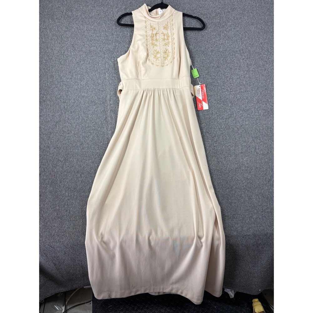 Vintage Patricia Fair Cream Gold Embroidered Mock Neck Maxi Dress NWT Size 13